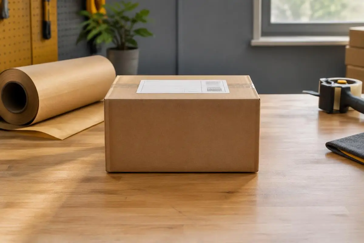 A labelled parcel ready for shipping from Belfast to Great Britain