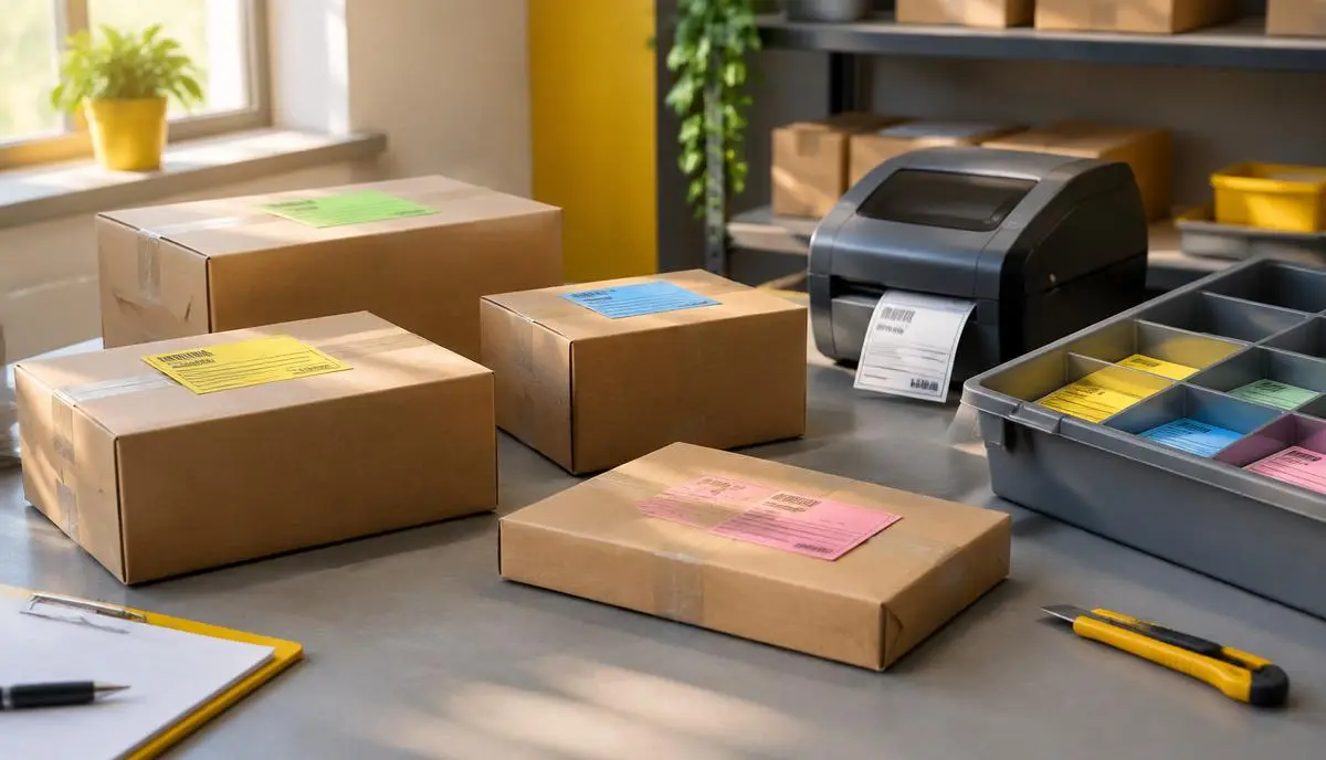 Parcels labelled for different couriers on a packing bench