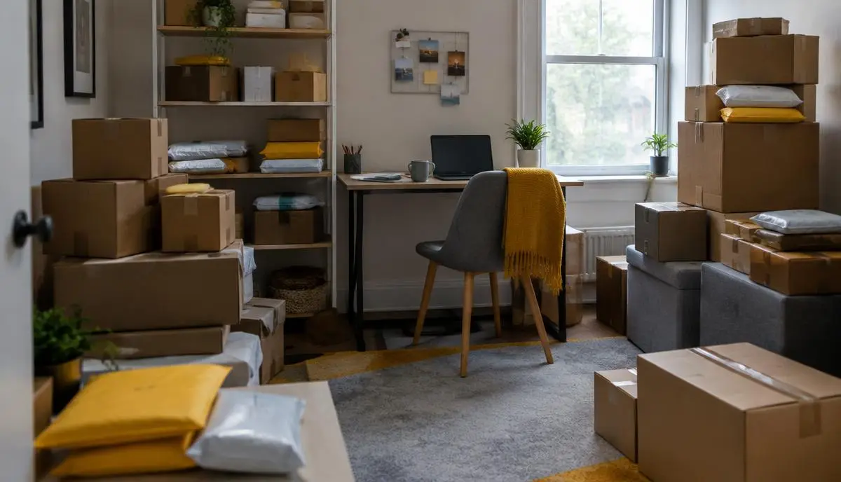 Cardboard boxes stacked in a home spare room