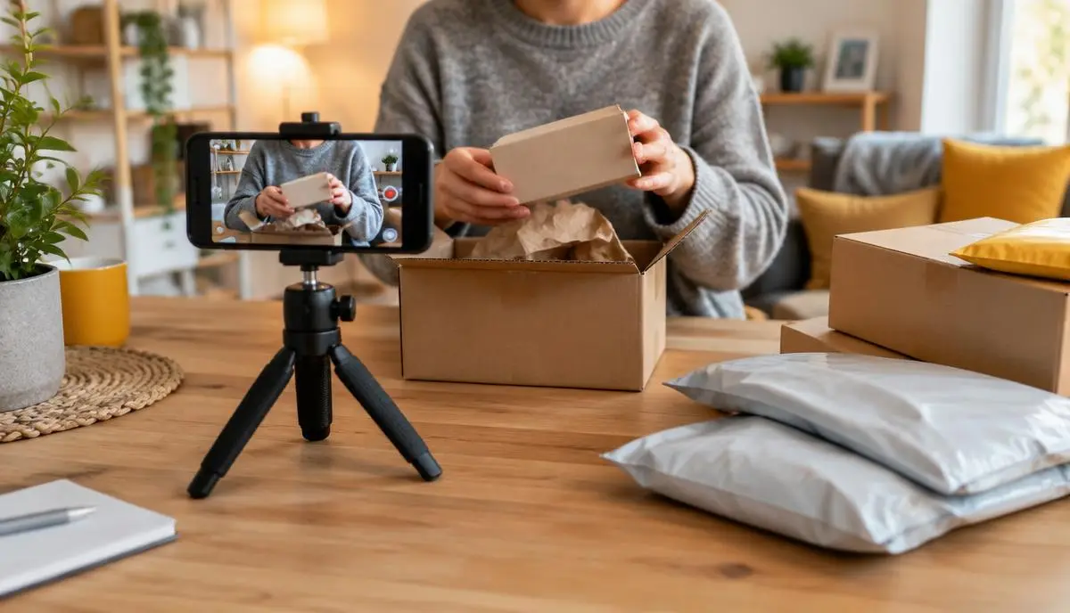 A phone filming an unboxing next to packed TikTok Shop orders