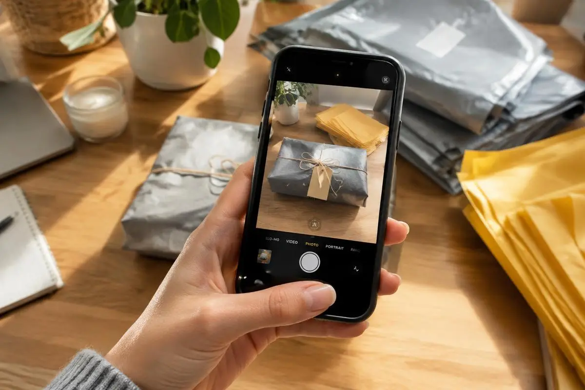 A phone filming an unboxing next to packed TikTok Shop orders