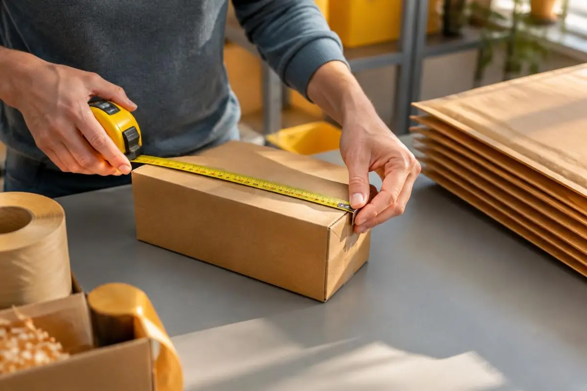 A parcel being weighed and measured before posting