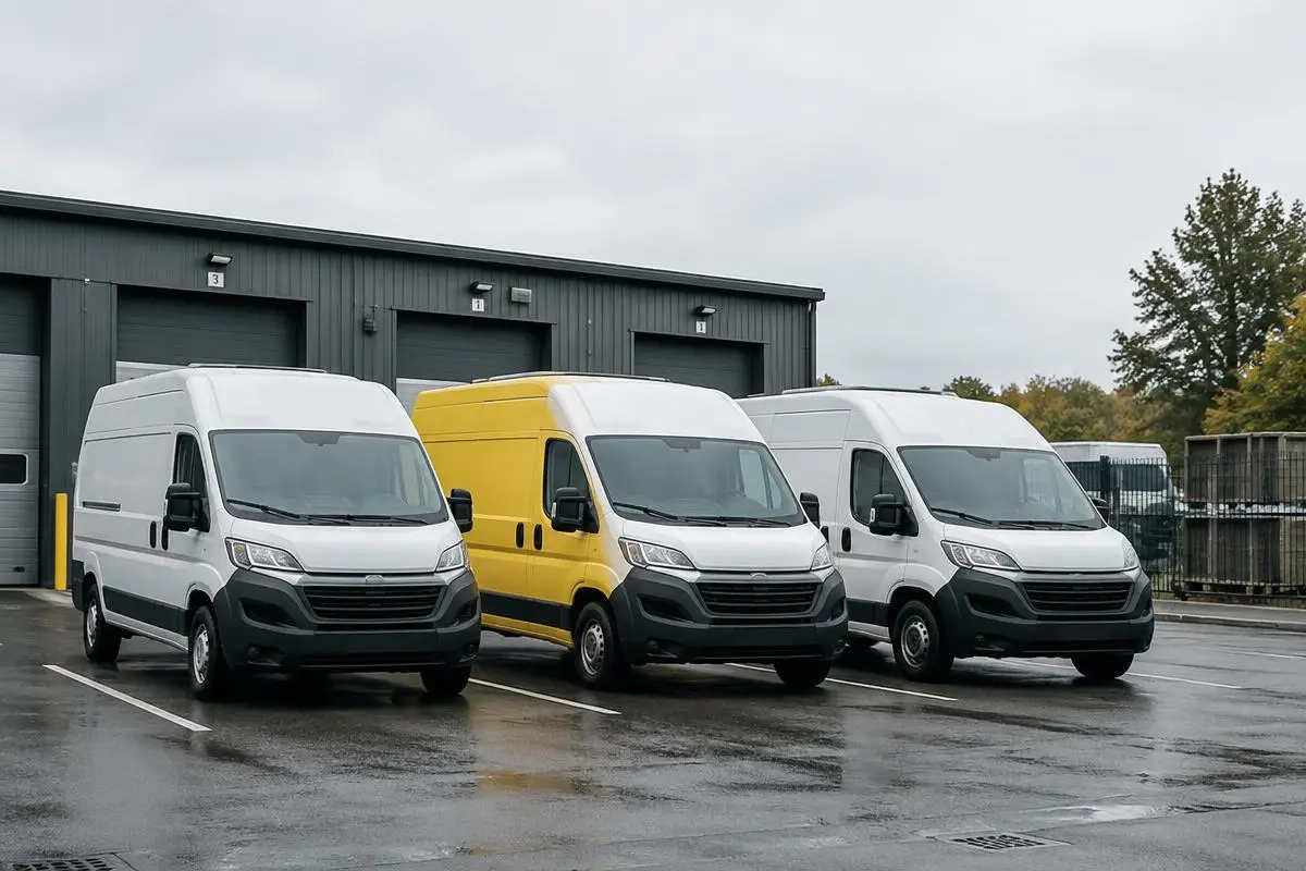 Three courier vans side by side at a delivery depot