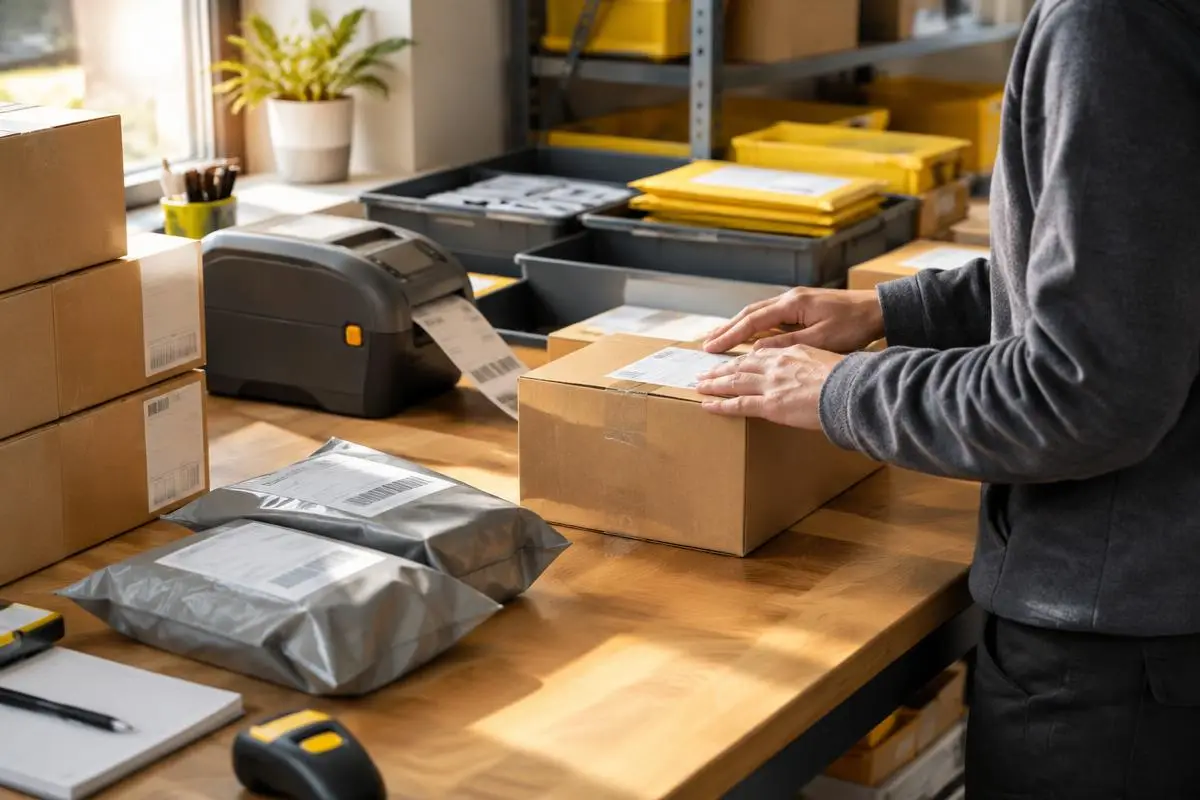 Parcels on a packing bench being prepared for courier collection