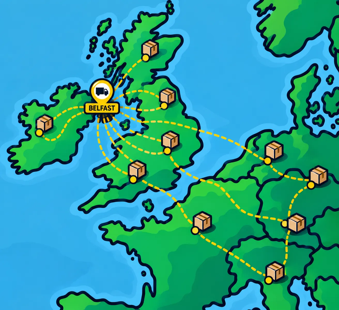 Map showing parcels shipped from Pack & Post NI in Belfast to customers across the UK, Ireland and Europe.